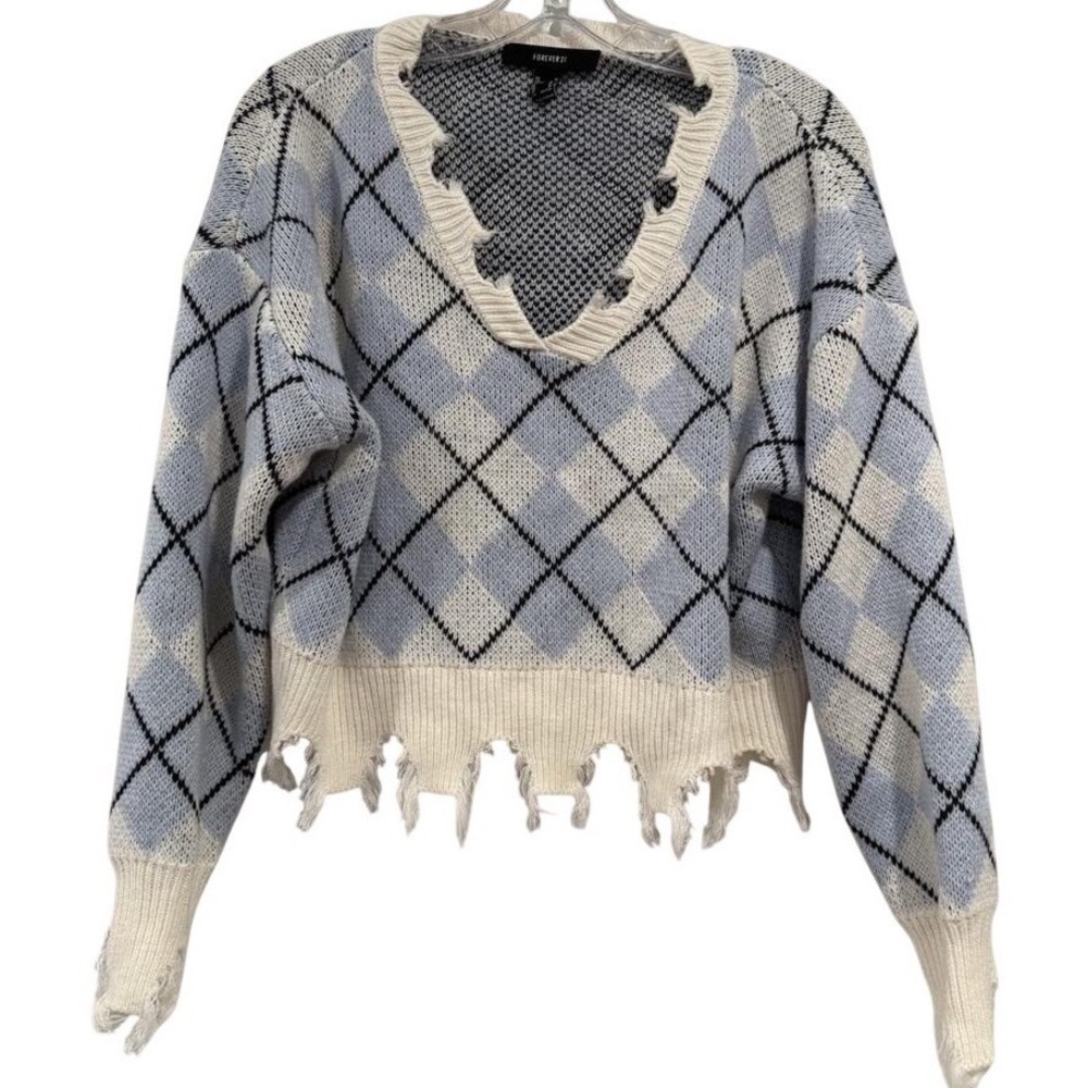 Forever 21 Women's Blue White Argyle Distressed V Neck Crop Sweater Sz Medium